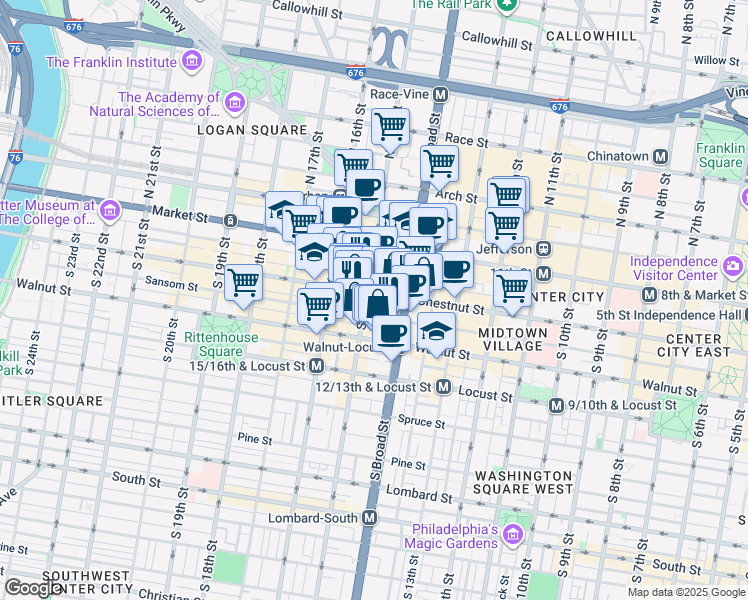 map of restaurants, bars, coffee shops, grocery stores, and more near 111 South 15th Street in Philadelphia