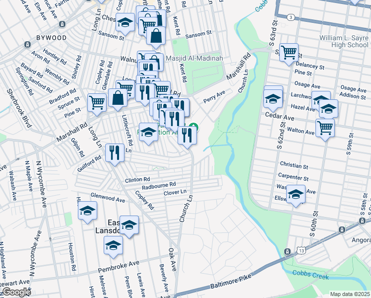 map of restaurants, bars, coffee shops, grocery stores, and more near 564 South 69th Street in Delaware County