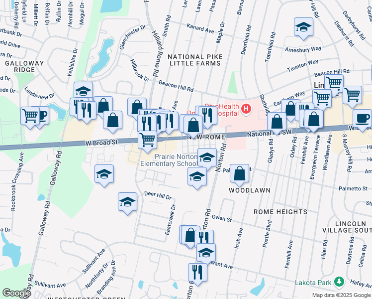 map of restaurants, bars, coffee shops, grocery stores, and more near 5381 West Broad Street in Columbus
