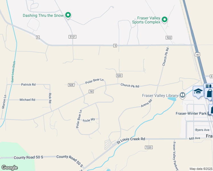 map of restaurants, bars, coffee shops, grocery stores, and more near 23957 County Highway 50 in Fraser