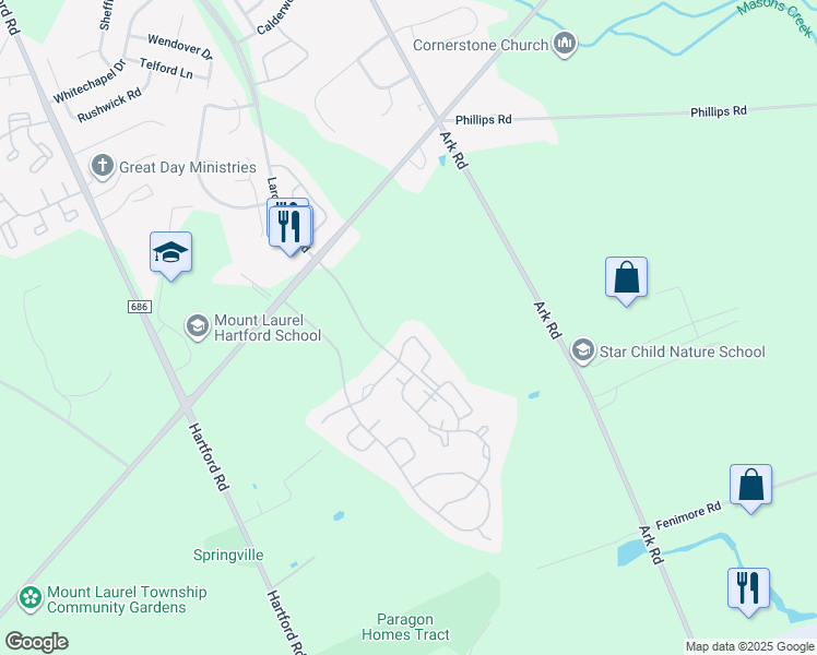 map of restaurants, bars, coffee shops, grocery stores, and more near 303A Harwood Court in Mount Laurel Township