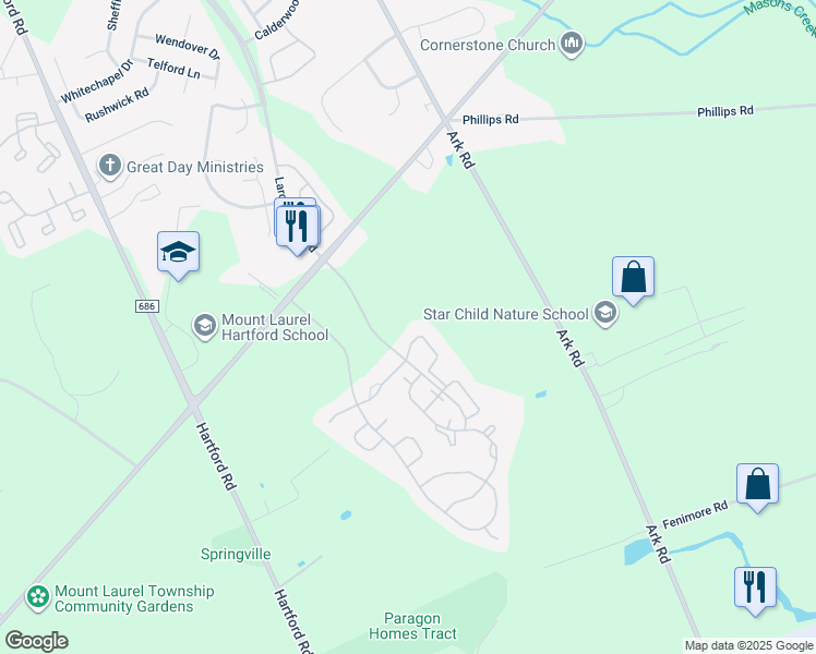 map of restaurants, bars, coffee shops, grocery stores, and more near 303A Harwood Court in Mount Laurel Township