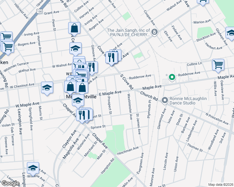 map of restaurants, bars, coffee shops, grocery stores, and more near in Merchantville