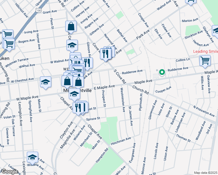 map of restaurants, bars, coffee shops, grocery stores, and more near 210 East Maple Avenue in Merchantville