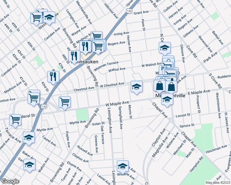 map of restaurants, bars, coffee shops, grocery stores, and more near 5 Lexington Avenue in Merchantville