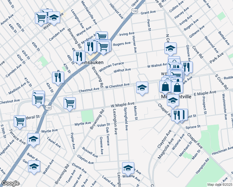 map of restaurants, bars, coffee shops, grocery stores, and more near 5 Lexington Avenue in Merchantville