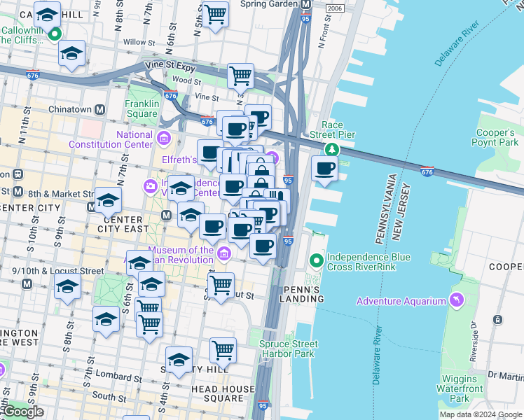 map of restaurants, bars, coffee shops, grocery stores, and more near 24 Cuthbert Street in Philadelphia
