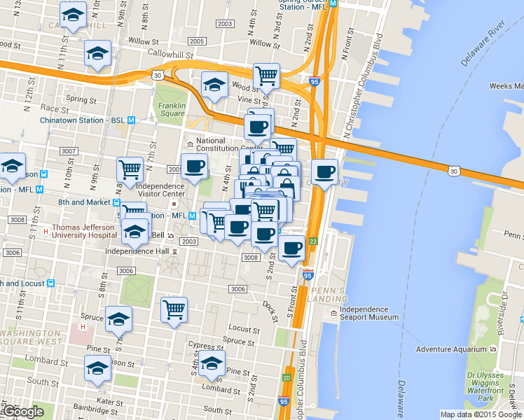 map of restaurants, bars, coffee shops, grocery stores, and more near 51 North 3rd Street in Philadelphia