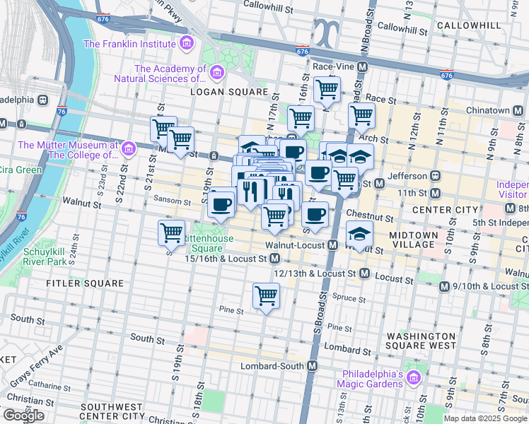 map of restaurants, bars, coffee shops, grocery stores, and more near 1616 Chestnut Street in Philadelphia