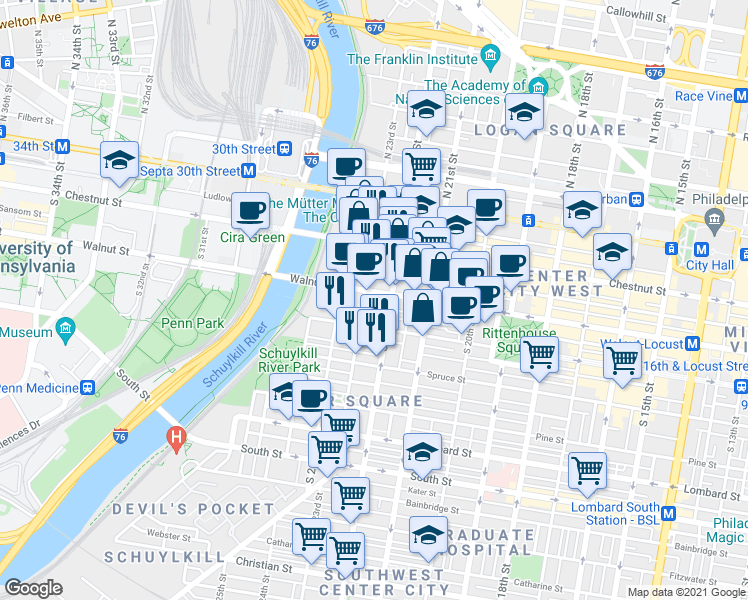map of restaurants, bars, coffee shops, grocery stores, and more near in Philadelphia