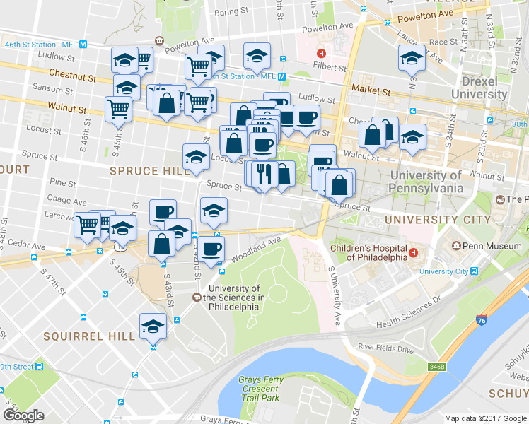 map of restaurants, bars, coffee shops, grocery stores, and more near 3940 Delancey Street in Philadelphia