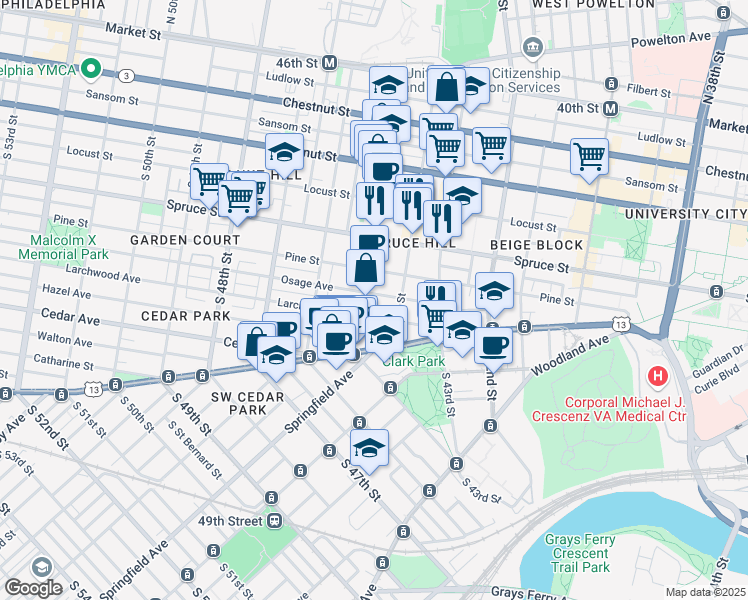 map of restaurants, bars, coffee shops, grocery stores, and more near 4428 Pine Street in Philadelphia