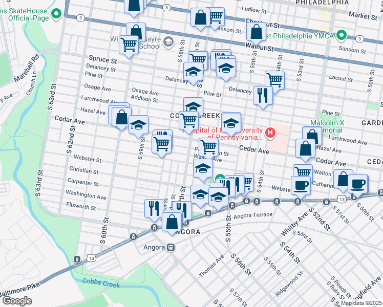 map of restaurants, bars, coffee shops, grocery stores, and more near 625 South 57th Street in Philadelphia