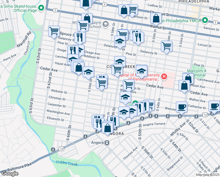 map of restaurants, bars, coffee shops, grocery stores, and more near 5749 Walton Avenue in Philadelphia