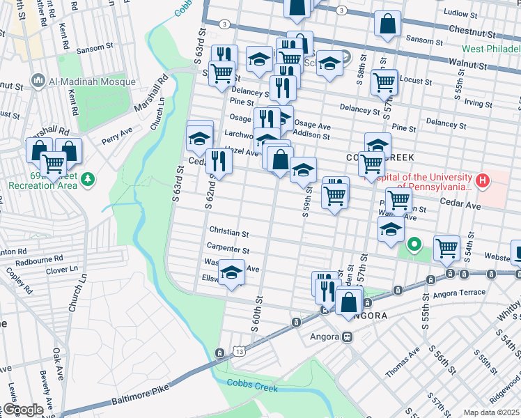 map of restaurants, bars, coffee shops, grocery stores, and more near 6042 Catharine Street in Philadelphia