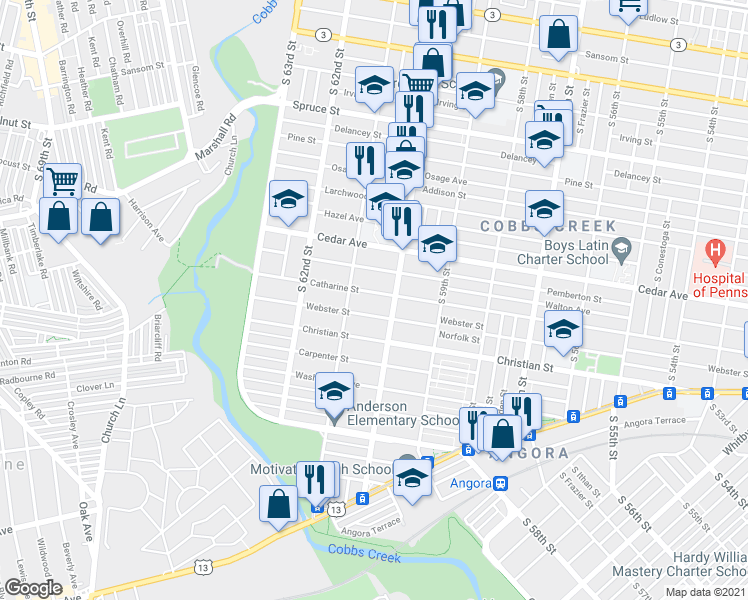 map of restaurants, bars, coffee shops, grocery stores, and more near 6042 Catharine Street in Philadelphia