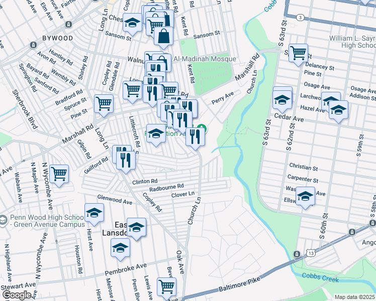 map of restaurants, bars, coffee shops, grocery stores, and more near 564 South 69th Street in Delaware County