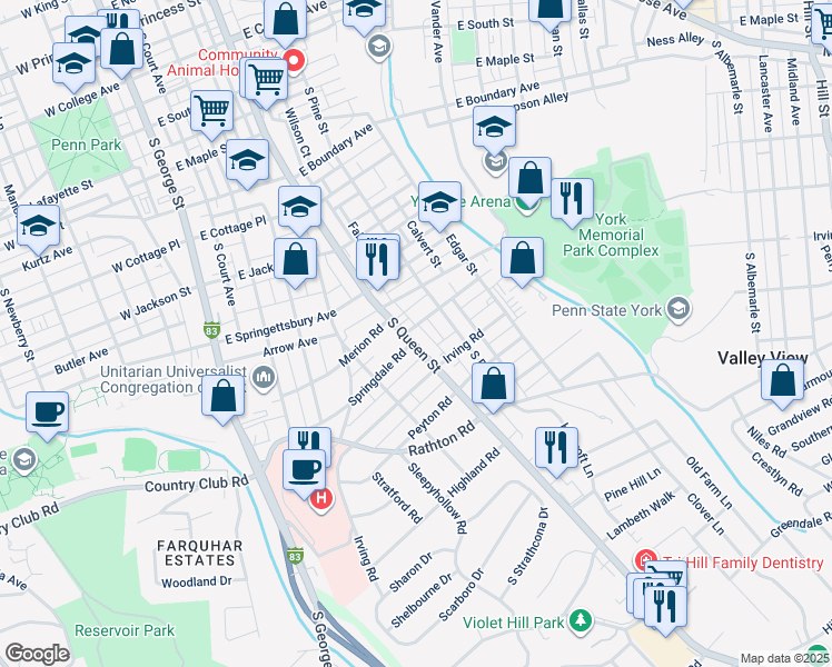 map of restaurants, bars, coffee shops, grocery stores, and more near 225 Springdale Avenue in York