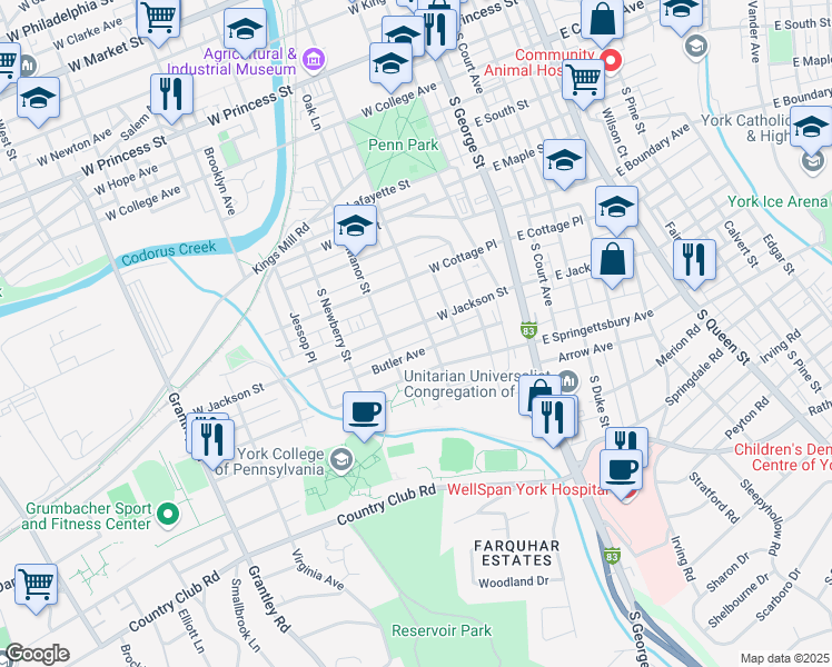 map of restaurants, bars, coffee shops, grocery stores, and more near 200 West Jackson Street in York