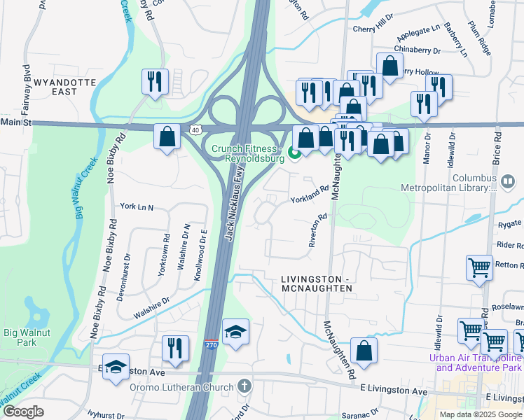 map of restaurants, bars, coffee shops, grocery stores, and more near 1387 Orchard Park Drive in Columbus
