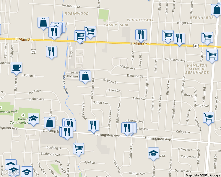 map of restaurants, bars, coffee shops, grocery stores, and more near 3952 Dillon Drive in Columbus