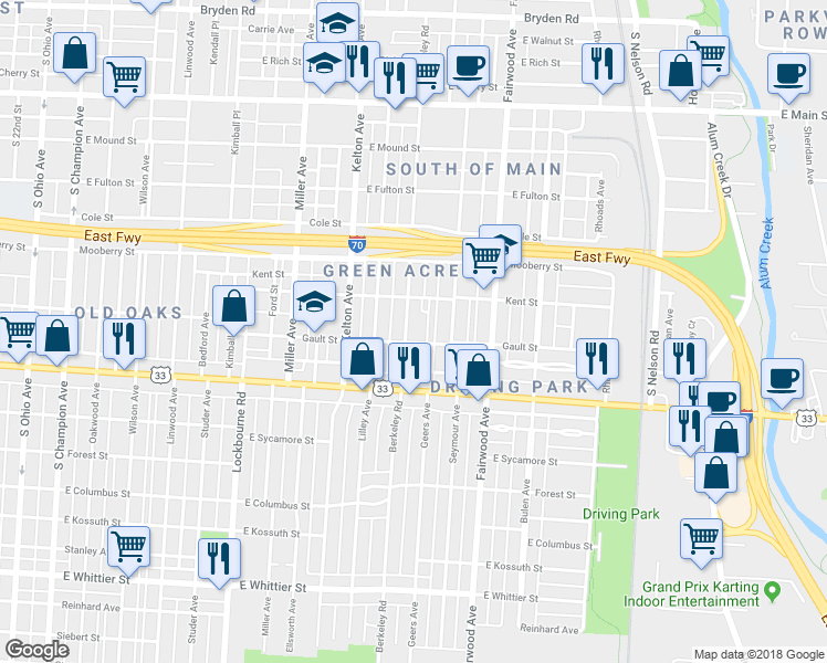 map of restaurants, bars, coffee shops, grocery stores, and more near 1574 Gault Street in Columbus