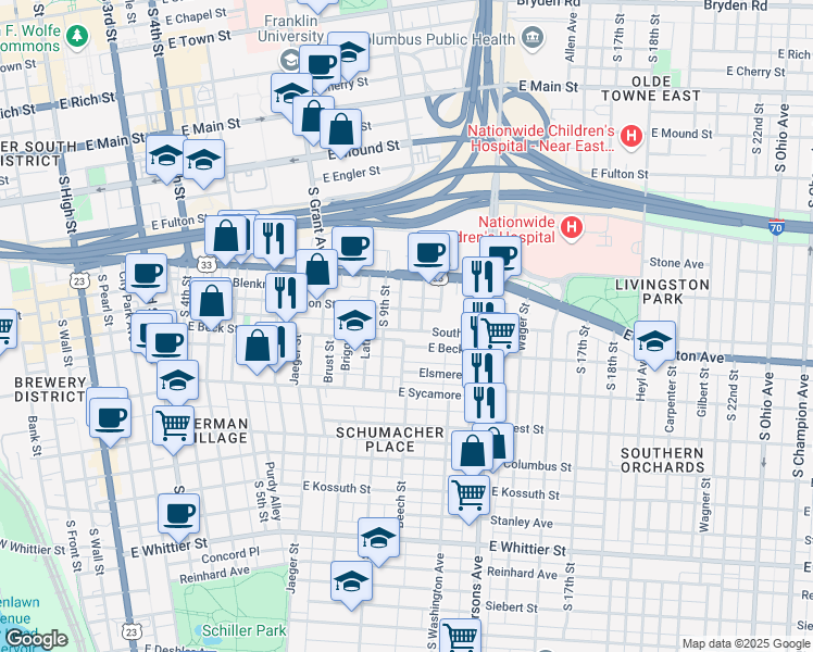 map of restaurants, bars, coffee shops, grocery stores, and more near 457 Jackson Street in Columbus