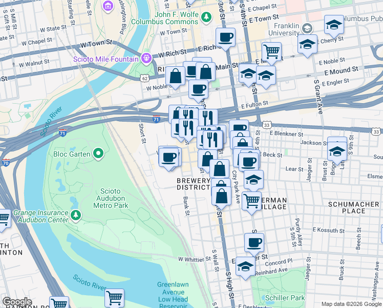 map of restaurants, bars, coffee shops, grocery stores, and more near 533 South Wall Street in Columbus