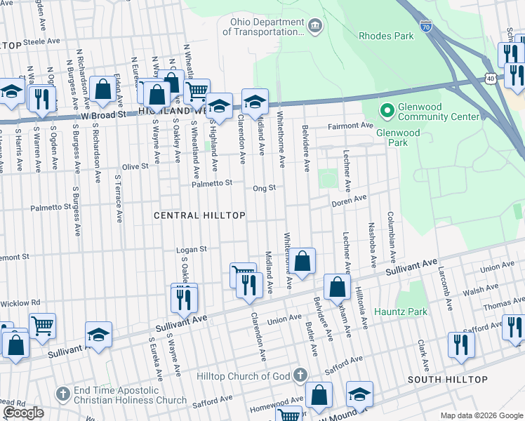map of restaurants, bars, coffee shops, grocery stores, and more near 219 Midland Avenue in Columbus