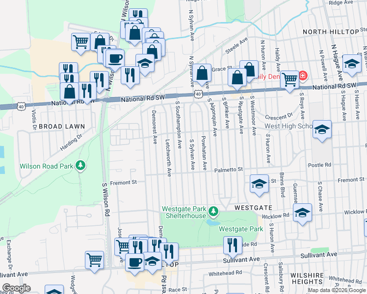 map of restaurants, bars, coffee shops, grocery stores, and more near 156 South Southampton Avenue in Columbus