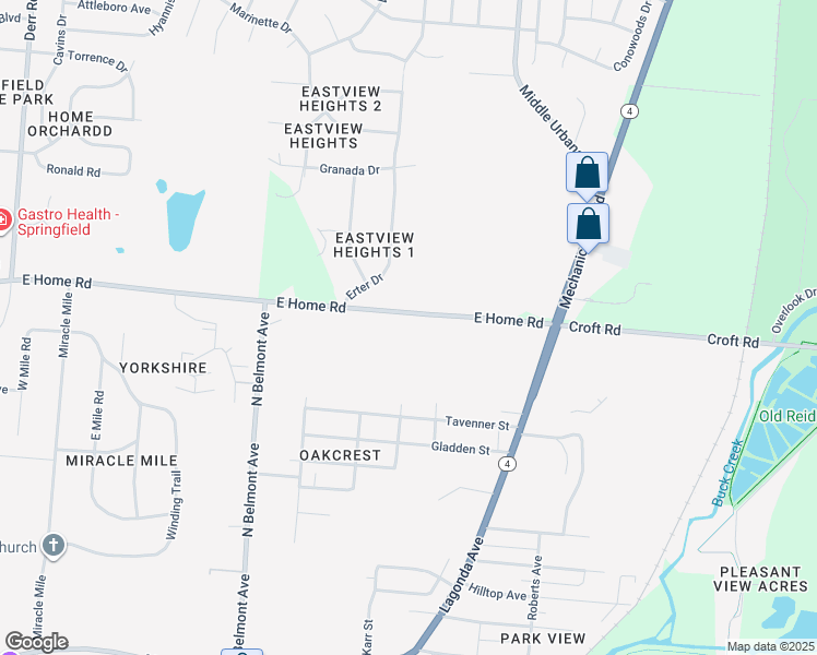 map of restaurants, bars, coffee shops, grocery stores, and more near 2311 East Home Road in Springfield