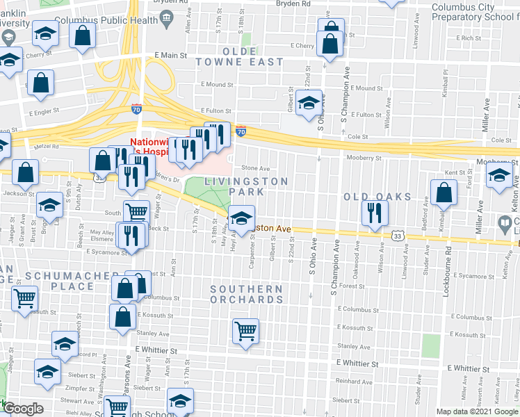 map of restaurants, bars, coffee shops, grocery stores, and more near 684 Carpenter Street in Columbus