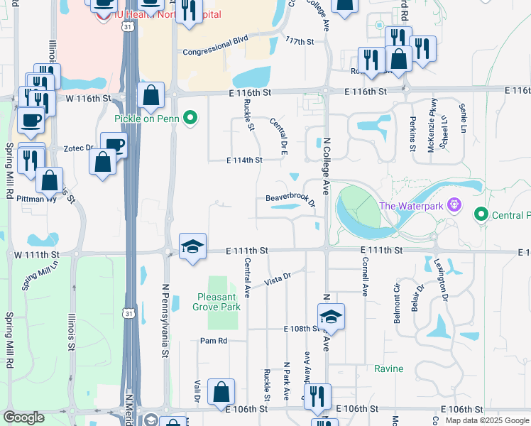 map of restaurants, bars, coffee shops, grocery stores, and more near 596 Burr Oak Drive in Carmel