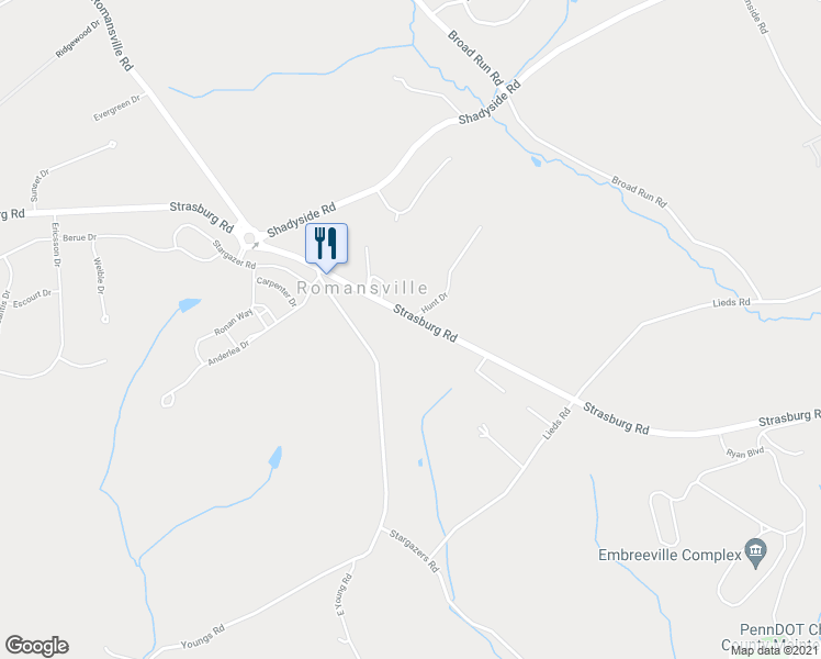 map of restaurants, bars, coffee shops, grocery stores, and more near 1862 West Strasburg Road in Coatesville