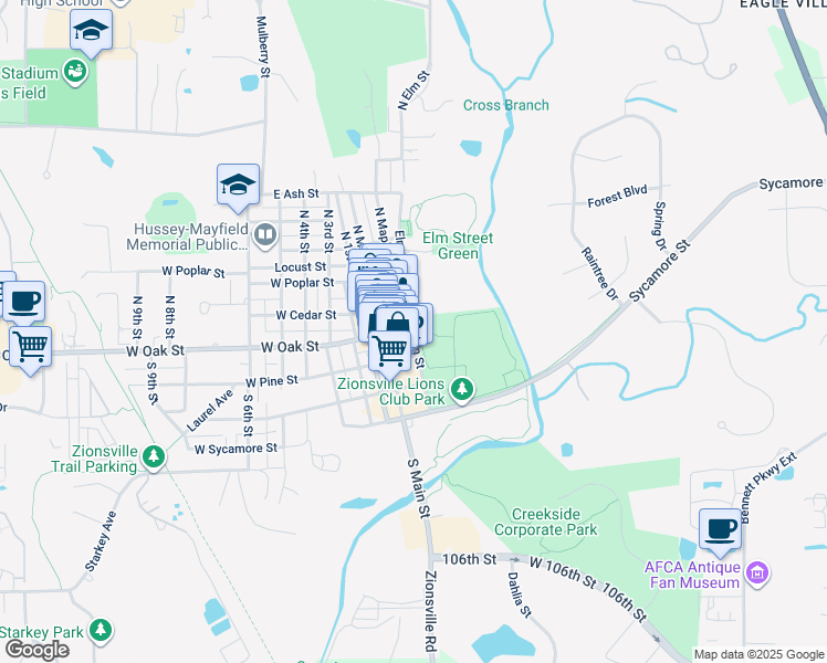 map of restaurants, bars, coffee shops, grocery stores, and more near 115 South Elm Street in Zionsville