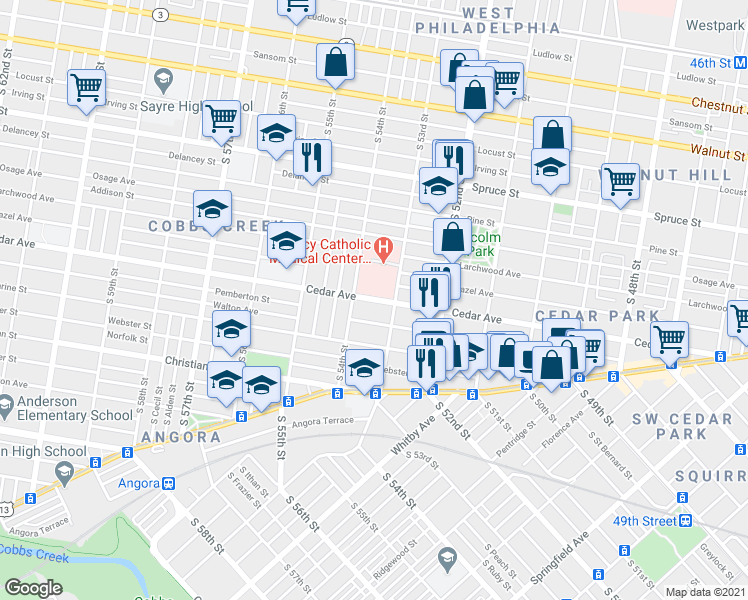 map of restaurants, bars, coffee shops, grocery stores, and more near 5326 Cedar Ave in Philadelphia