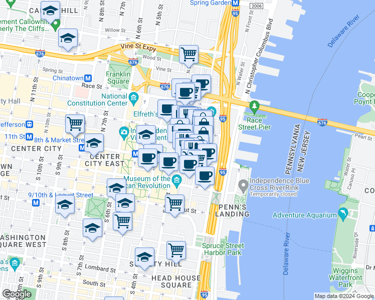 map of restaurants, bars, coffee shops, grocery stores, and more near 211 Church Street in Philadelphia