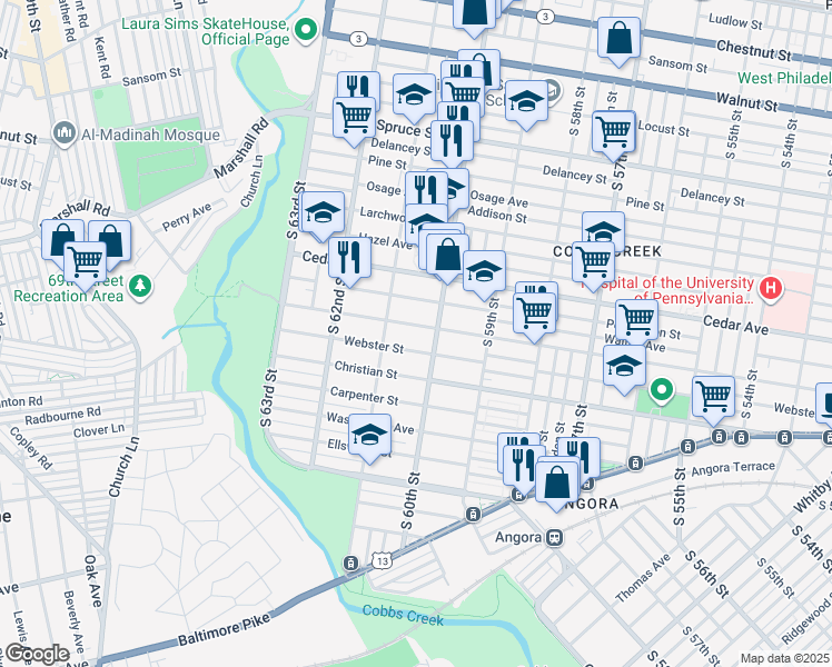 map of restaurants, bars, coffee shops, grocery stores, and more near 6042 Catharine Street in Philadelphia