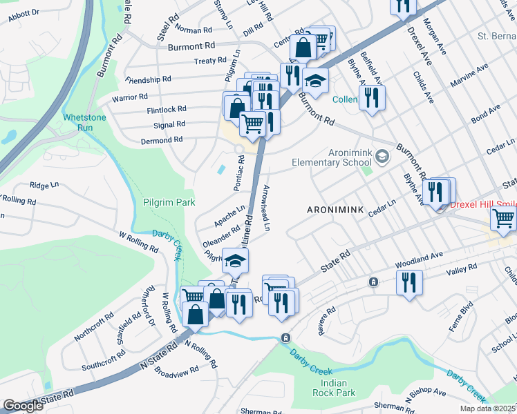 map of restaurants, bars, coffee shops, grocery stores, and more near 5215 Arrowhead Lane in Drexel Hill