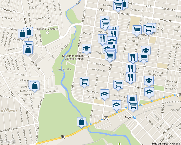 map of restaurants, bars, coffee shops, grocery stores, and more near 6145 Webster Street in Philadelphia