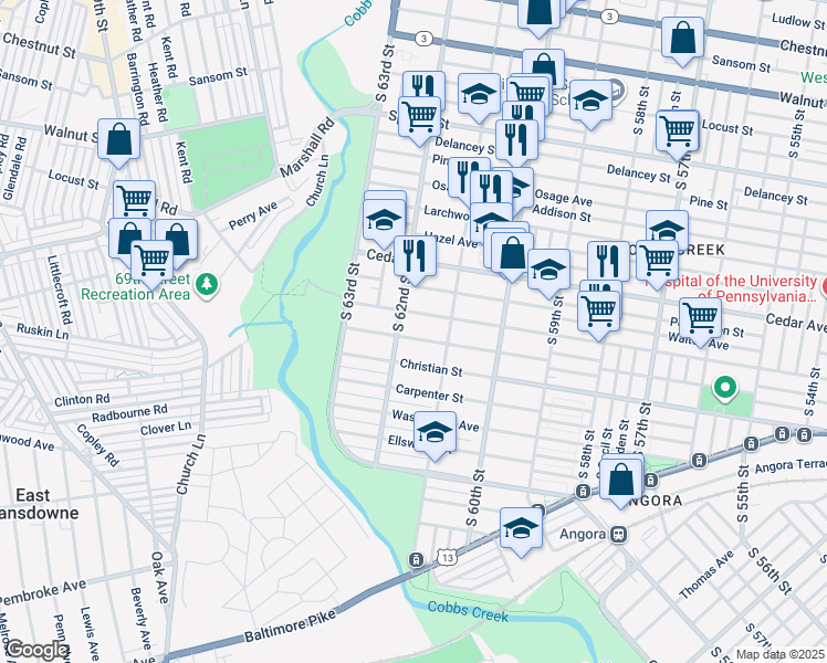 map of restaurants, bars, coffee shops, grocery stores, and more near 6145 Webster Street in Philadelphia