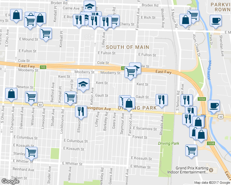 map of restaurants, bars, coffee shops, grocery stores, and more near 1574 Gault Street in Columbus