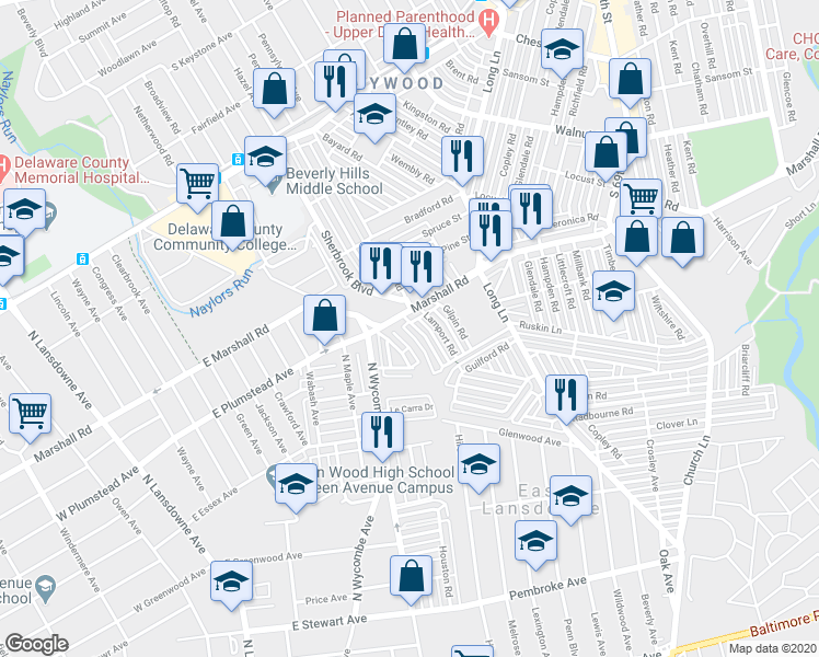 map of restaurants, bars, coffee shops, grocery stores, and more near 92 Springton Road in Upper Darby