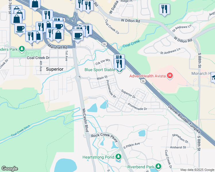 map of restaurants, bars, coffee shops, grocery stores, and more near 402 Promenade Drive in Louisville
