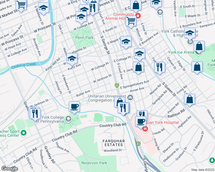 map of restaurants, bars, coffee shops, grocery stores, and more near 837 South Beaver Street in York