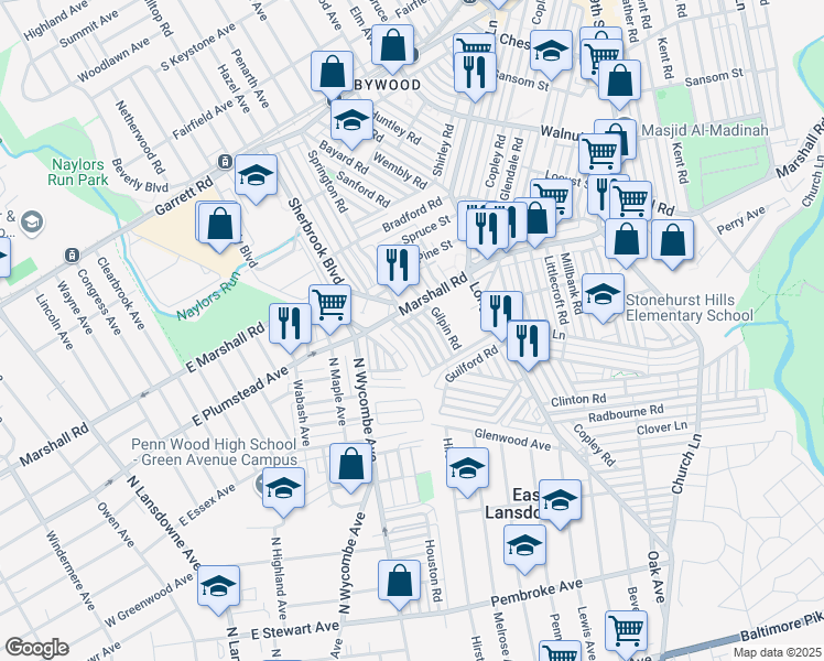 map of restaurants, bars, coffee shops, grocery stores, and more near 83 Springton Road in Upper Darby