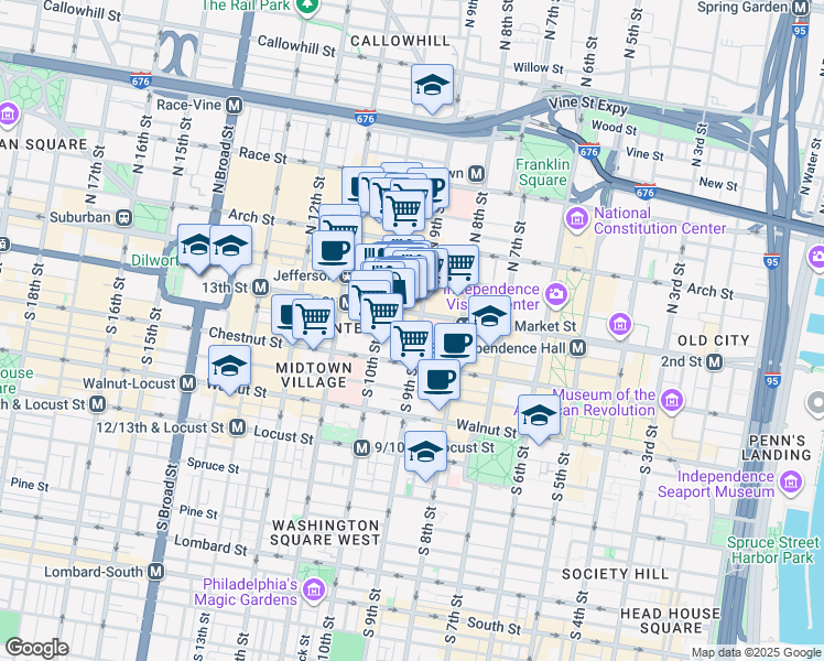 map of restaurants, bars, coffee shops, grocery stores, and more near 900 Market Street in Philadelphia