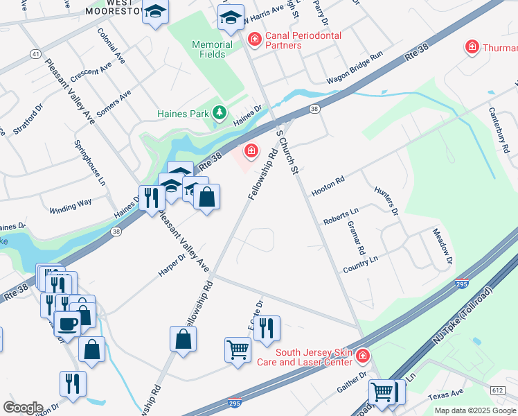 map of restaurants, bars, coffee shops, grocery stores, and more near 222 Fellowship Road in Moorestown