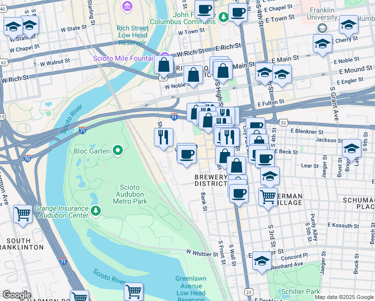map of restaurants, bars, coffee shops, grocery stores, and more near 110 Liberty Street in Columbus