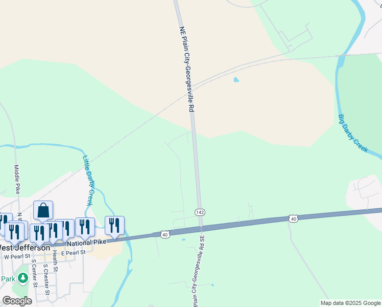map of restaurants, bars, coffee shops, grocery stores, and more near 360 Ohio 142 in West Jefferson